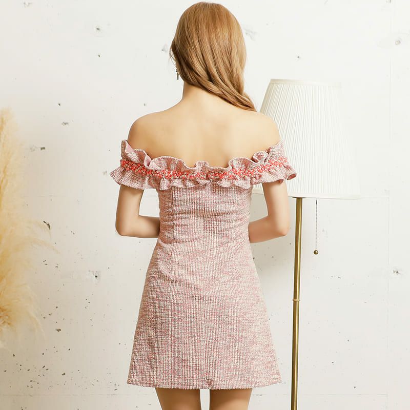 【Angel R/エンジェルアール】 フリル オフショルダー バストショルダー パールビジュー フレアミニドレス