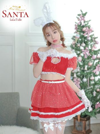 サンタコスプレ 5点セット バストハートカット オフショルダー チュール 半袖 フレアミニ バニー サンタコス