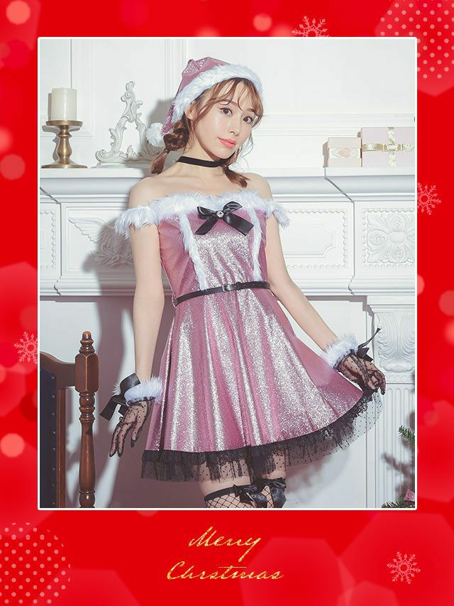 サンタコスプレ 7点セット ブラックドットチュール オフショルダー フロントリボン ピンクラメ フレアミニ ウエストベルト ピンクサンタコス