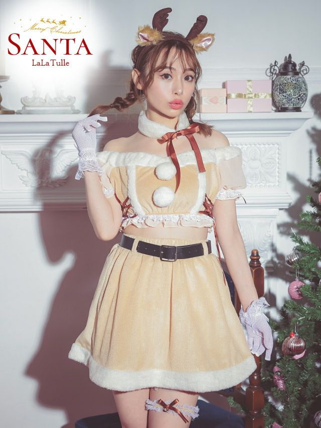 サンタコスプレ 7点セット オフショルダー サイド編み上げリボン トナカイ フレアミニ ウエストベルト セットアップ アニマル サンタコス