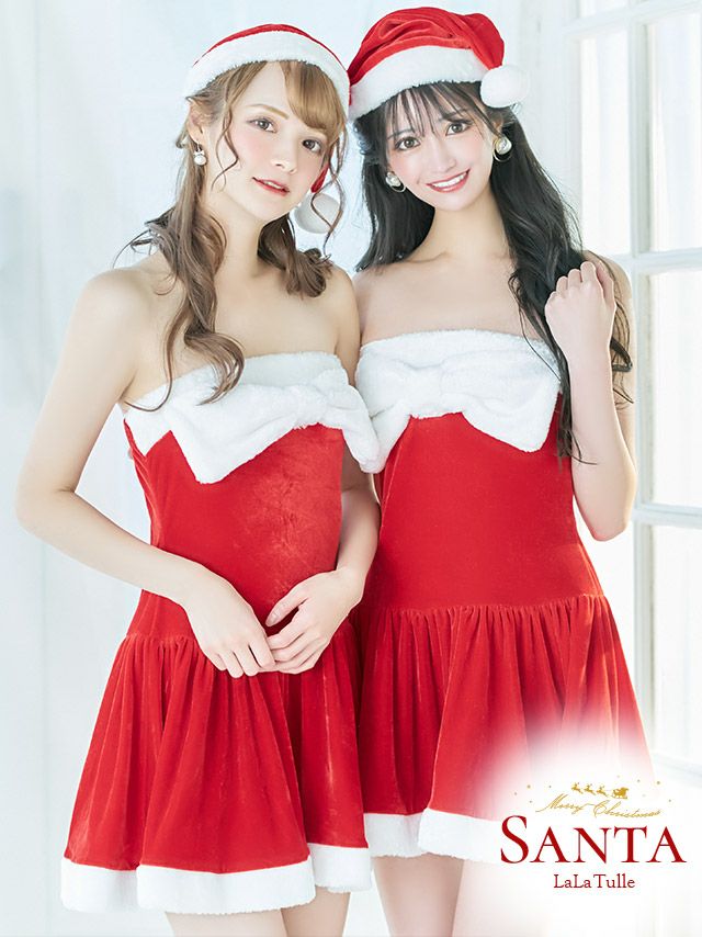 サンタコスプレ 衣装3点セット ベアトップデザイン ふわふわバストリボン 王道 サンタコス