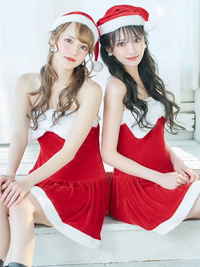 サンタコスプレ 衣装3点セット ベアトップデザイン ふわふわバストリボン 王道 サンタコス