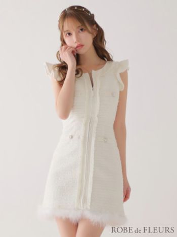 ボタンデザイン バストジッパー ラメツイード 袖ファー付き　クラシカル タイトミニドレス