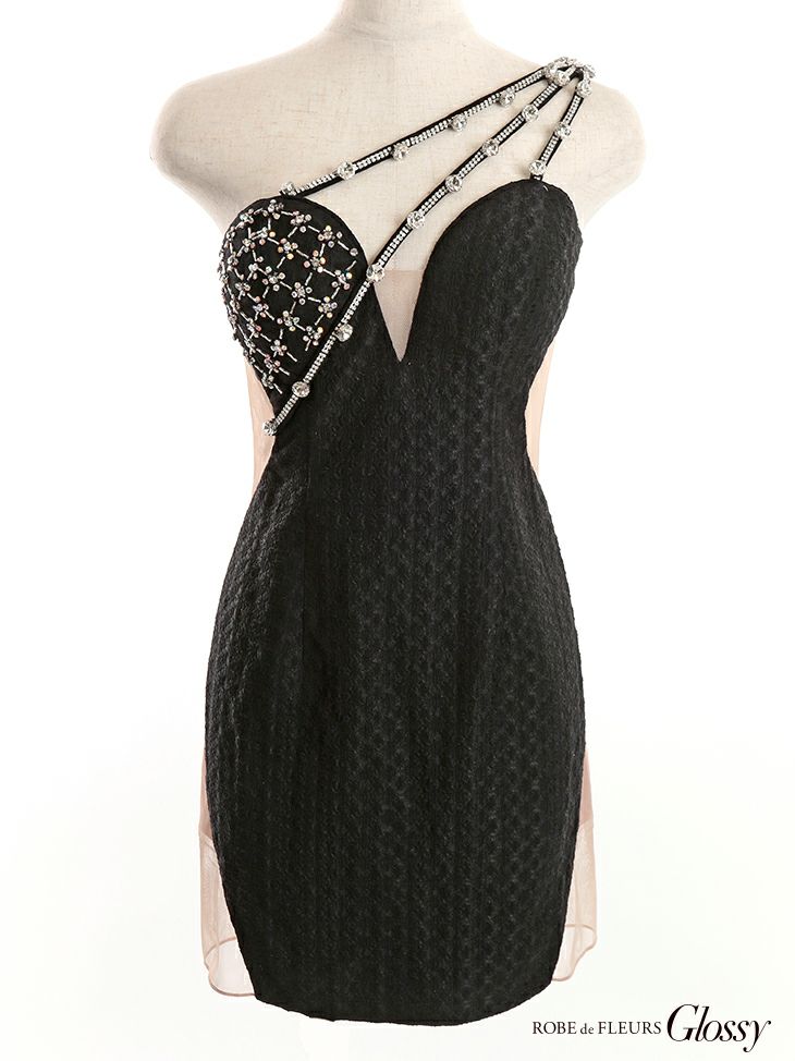 チュール アシンメトリー ビジュー ワンショルダー バックオープン タイトミニドレス