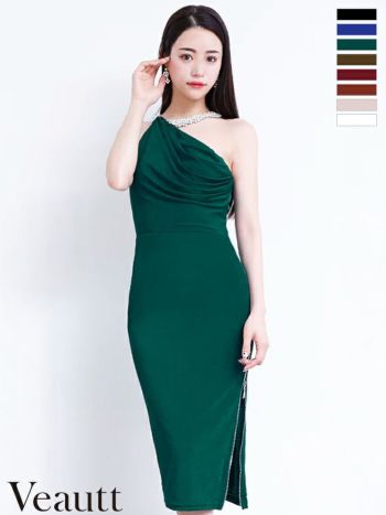 ネックビジュードレープ ファスナースリットタイト ミディアム ひざ丈ドレス