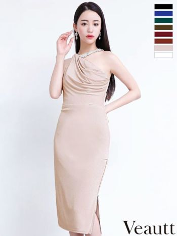 ネックビジュードレープ ファスナースリットタイト ミディアム ひざ丈ドレス