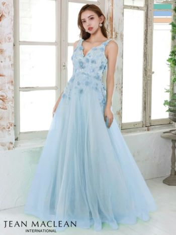 スパンコール 立体フラワー ノースリーブ vネック チュール フレアロングドレス