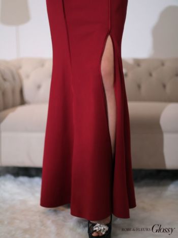 シンプル デコルテビジューストラップ バック編み上げデザイン サイドスリット ロングドレス