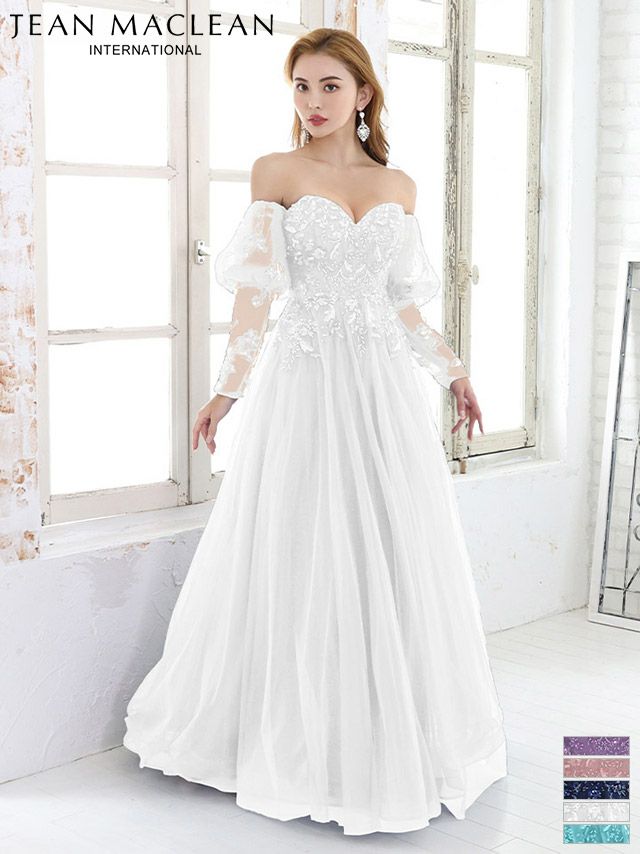 袖あり ベアトップ 刺繍 ビーズ チュール ワンカラー フレアロングドレス