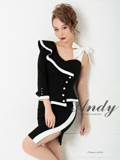 長袖 アシンメトリー ショルダーリボン バイカラー フリル タイトミニドレス