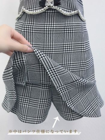  ビジューボタン スカートパンツ セットアップ Aライン ビッグリボン チェック ツイード フリル ノースリーブ フレアミニドレス
