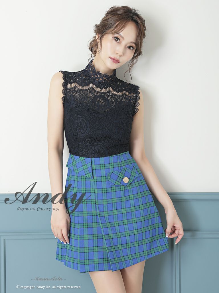 Andy/アンディ】チェック柄 ノースリーブ 刺繍 レース セットアップ風  