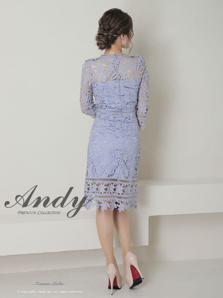 Vネック シンプル　刺繍レース 袖あり タイト ひざ丈ドレス