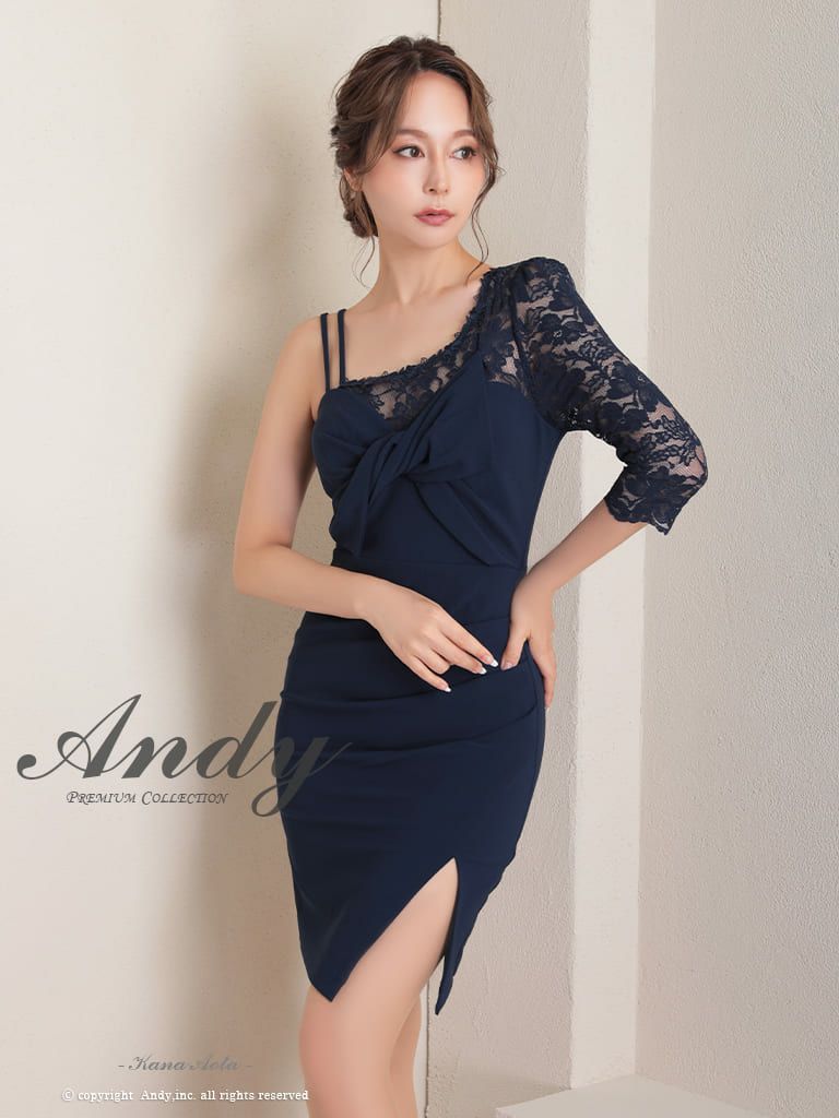 アシンメトリー ワンショルダー 刺繍レース フロントリボン スリット タイトミニドレス