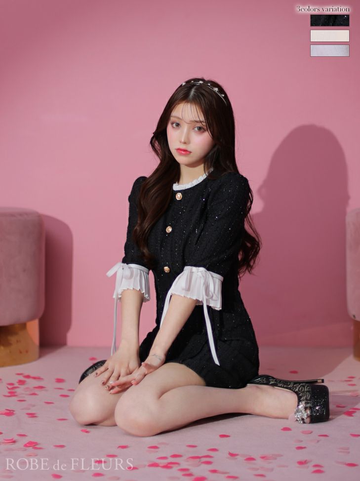 ROBEdeFLEURS/ローブドフルール】ラメツイード袖ありフリルリボン  