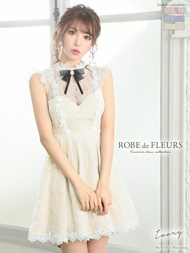 ROBEdeFLEURS/ローブドフルール】首元リボン×総レース フレアミニ  