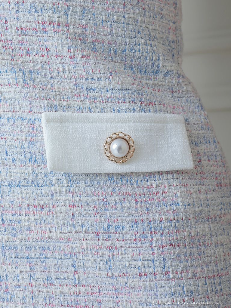 [an/アン]縦ライン ストレッチ ツイード パールボタン 半袖 袖あり タイトミニドレス[aoc3441]