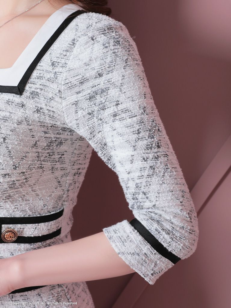 [an/アン]スクエアネック フロントジップ ストレッチ ツイード プリーツ 七分袖 袖あり タイトフレアドレス[aoc3403]