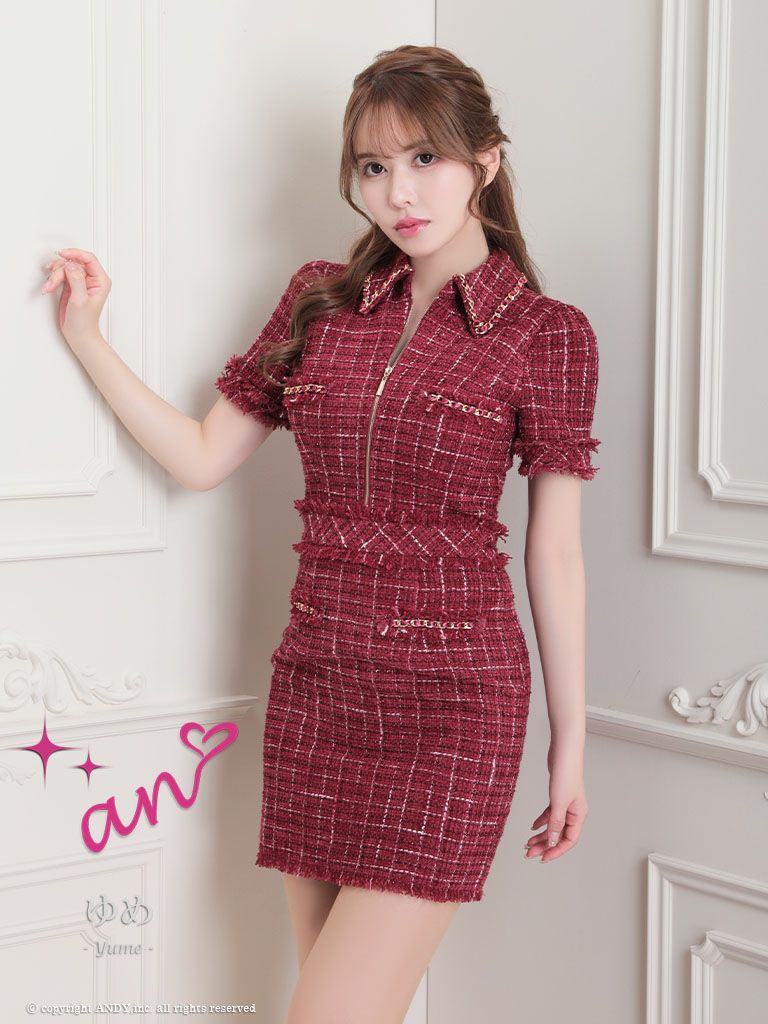 an/アン】襟付き フロントジップ チェック ツイード 半袖 袖あり  