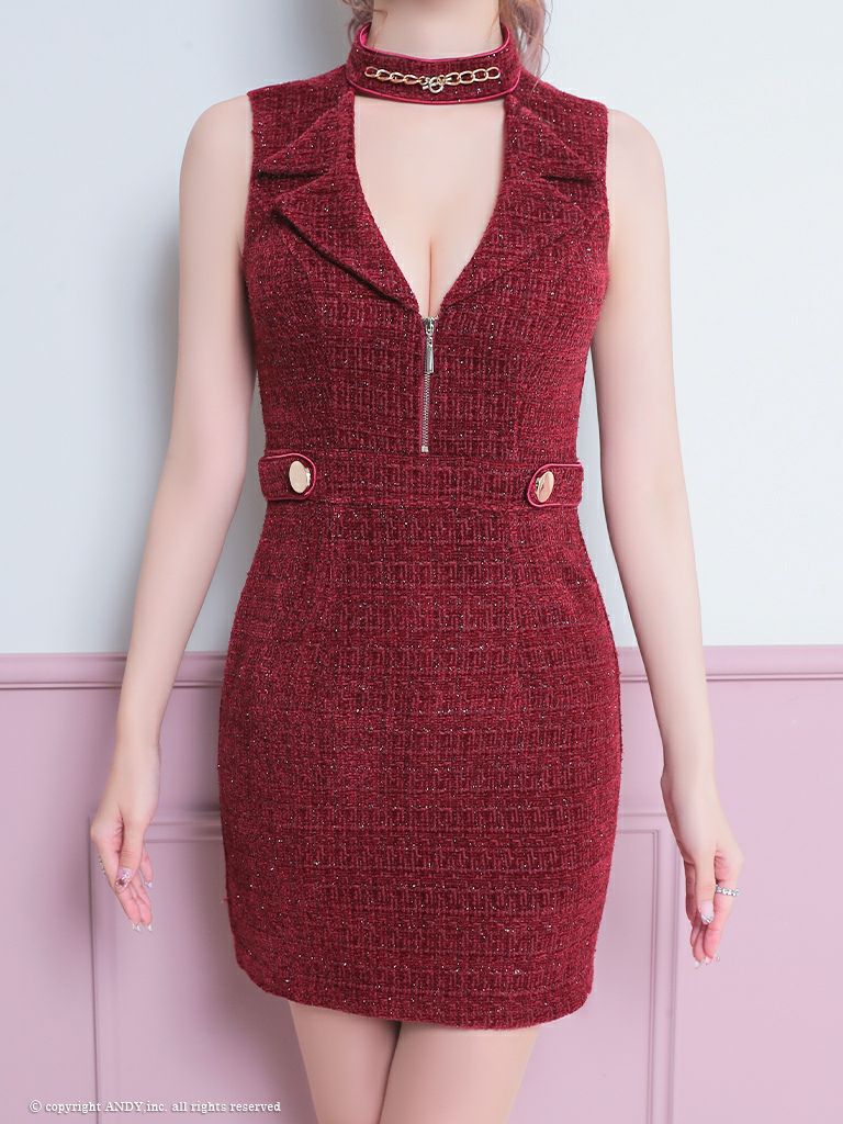 キャバドレス ミニ ドレス an アン サイドジップ フロントジップ チェーン チェック ツイード ノースリーブ タイトミニドレス