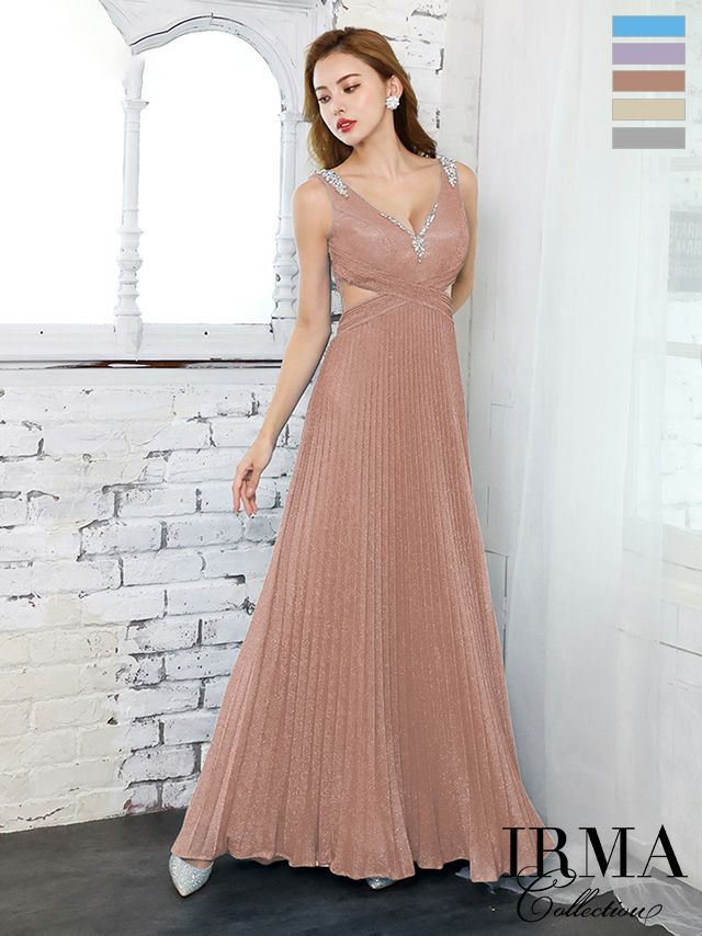 IRMA/イルマ】ラメニット ワンカラー ビジュー プリーツ フレアロング  