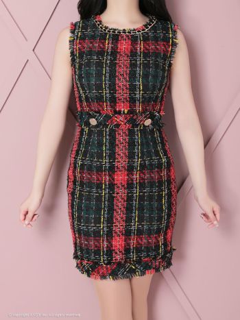 an/アン】ツイード チェック柄 ノースリーブ チェーン縁取り 金