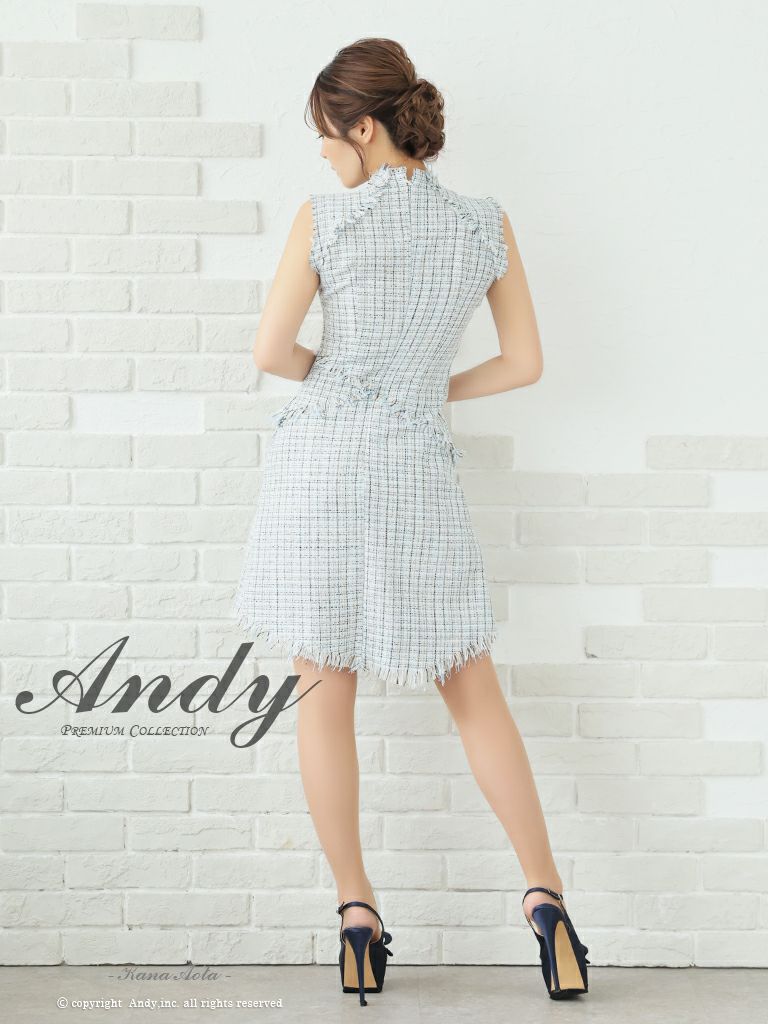 キャバドレス ミニ ドレス ANDY アンディ ツイード ボタン フリンジ ノースリーブ ゴールドボタン フレア Aライン アシンメトリー フレアミニドレス