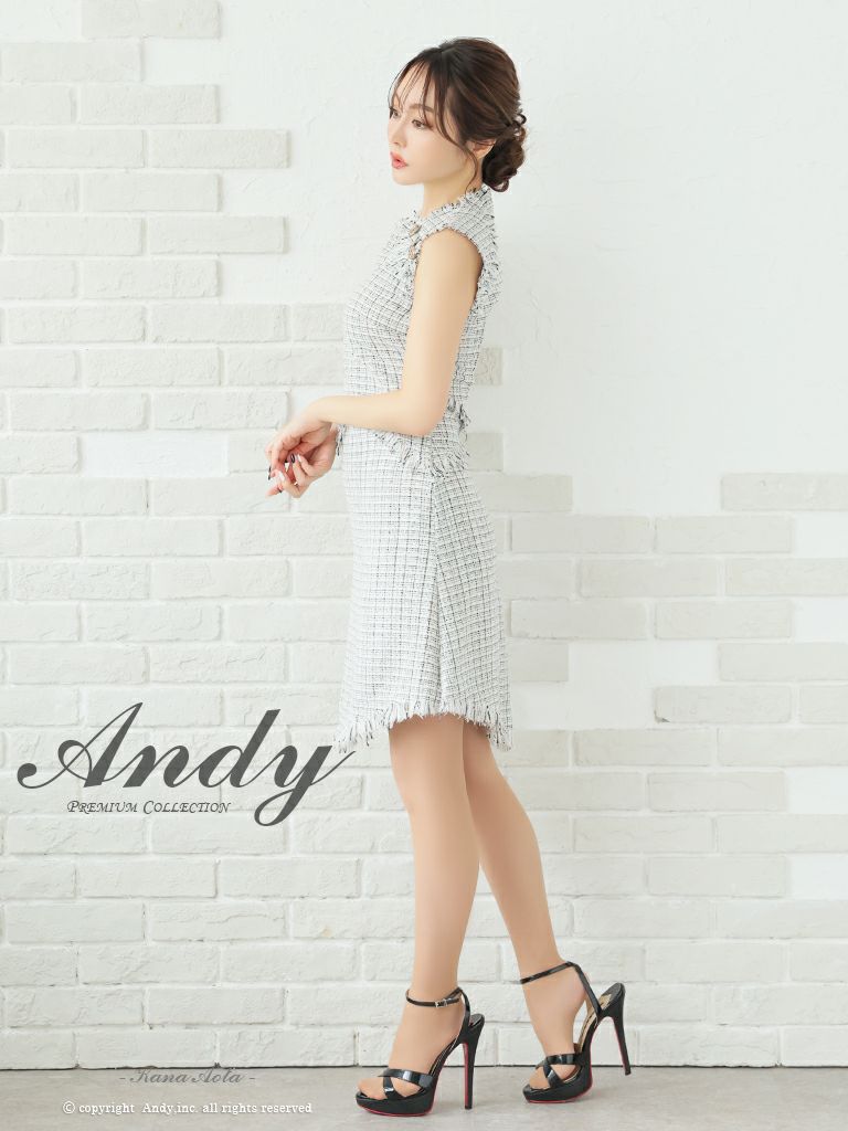 Andy フリンジノースリーブツイードドレス Andy/アンディ】フリンジ ノースリーブ ツイード ボタン ゴールド