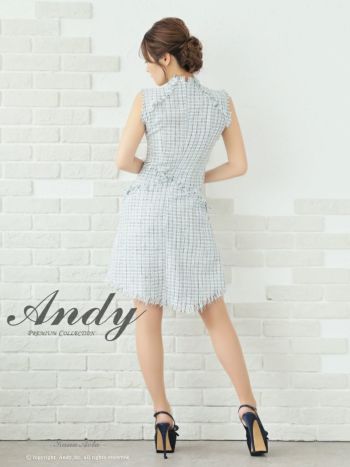 キャバドレス ミニ ドレス ANDY アンディ フリンジ ノースリーブ ツイード ボタン ゴールドボタン フレア Aライン アシンメトリー フレアミニドレス