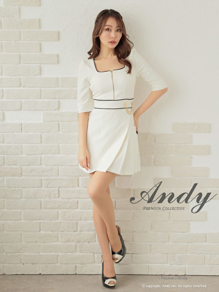 キャバドレス ミニ ドレス ANDY アンディ  バイカラー ジップデザインチェーン 袖あり 七分袖 フレア ミニドレス ビジューなし 胸元隠しドレス シンプル フレアミニドレス