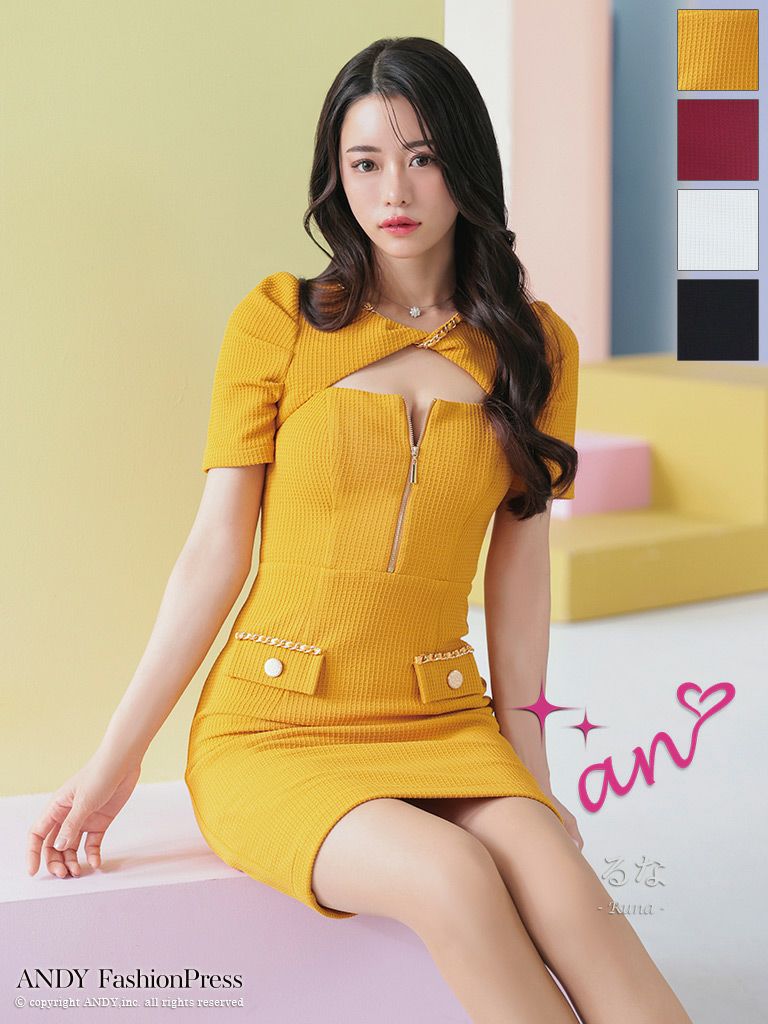 an/アン】ワンカラー フロントジップ チェーン カットアウト 半袖  