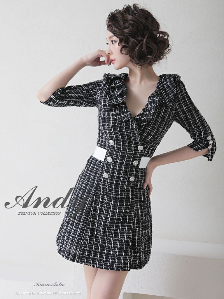 Andy/アンディ】ツイード チェック柄 バックリボン フリル 袖あり  