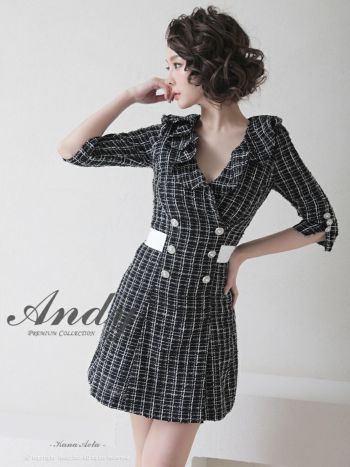 キャバドレス Andy アンディ ツイード チェック柄 バックリボン フリル 袖あり フレアミニドレス