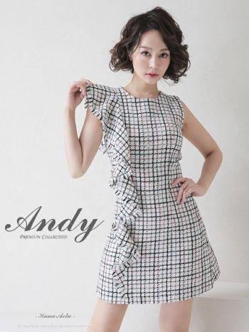 キャバドレス Andy アンディ ツイード フリル チェック柄 台形スカート ノースリーブ フレアミニドレス