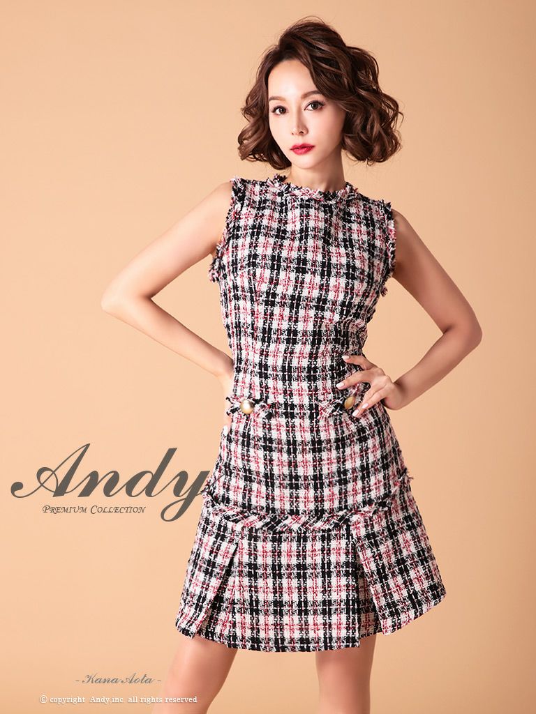 Andy/アンディ】ハイネック チェック柄 ツイード ノースリーブ  