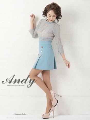 キャバドレス ミニ ドレス ANDY アンディ ゴールド フラワー レース 刺繍 ボタン 切り替え 袖あり プリーツ フレアミニドレス