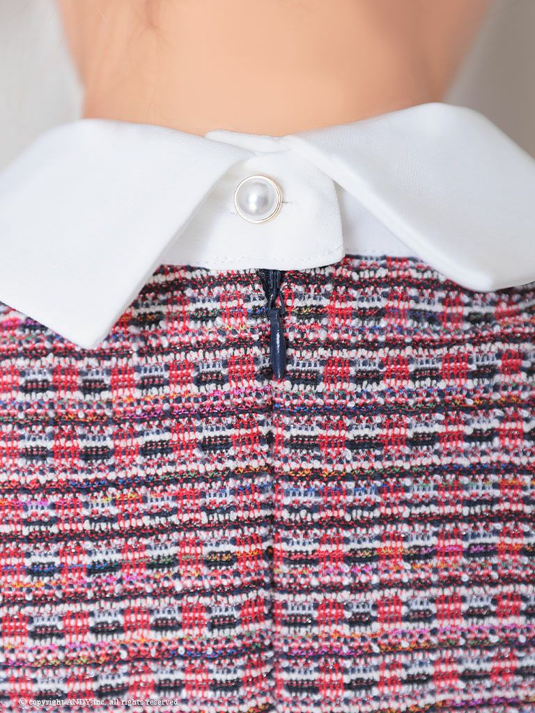 シンプル　フリル袖　襟付き ツイード タイトミニドレス