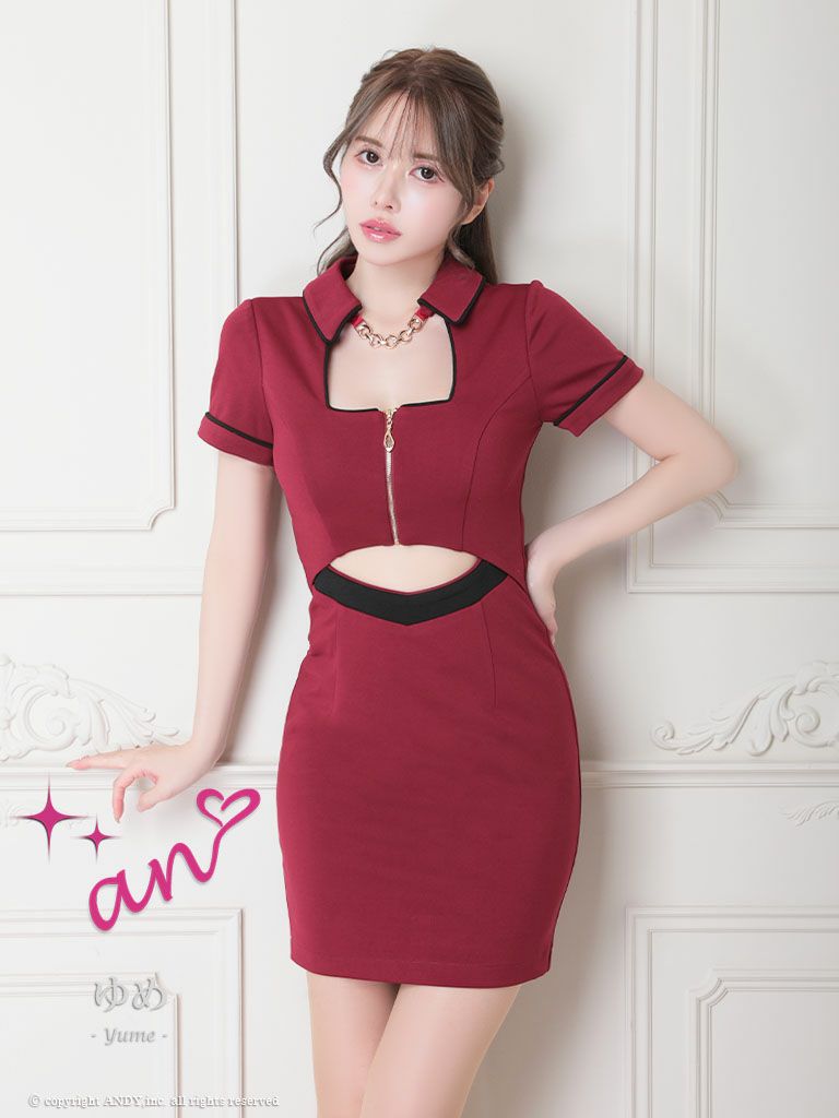 an/アン】チェーン 襟付き フロントジップ 半袖 タイトミニドレス