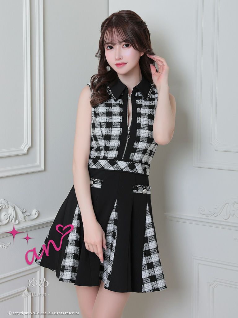 an/アン】ジップデザイン ツイード チェック柄 襟付き ノースリーブ  