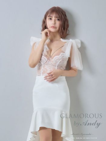 キャバドレス ミディアム ドレス GLAMOROUS グラマラスチュール リボン レース ノースリーブ フィッシュテール くびれ透け 裾フリル 膝丈ドレス