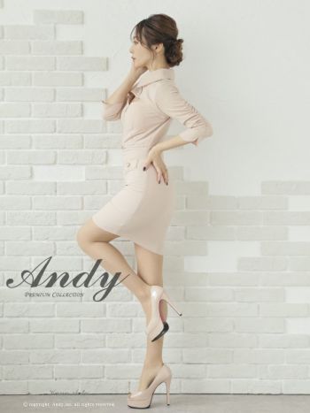 キャバドレス ミニ ドレス Andy アンディ襟付き ワンカラー ジップデザイン 袖あり 七分袖 ボタン タイトミニドレス