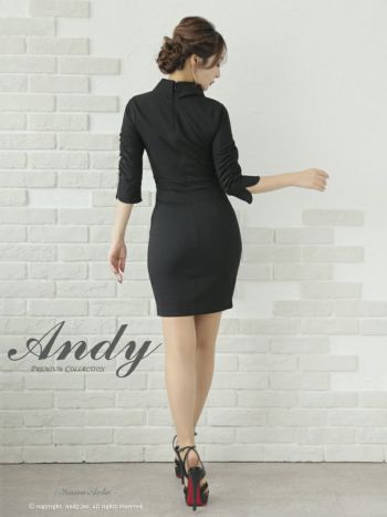 キャバドレス ミニ ドレス Andy アンディ襟付き ワンカラー ジップデザイン 袖あり 七分袖 ボタン タイトミニドレス