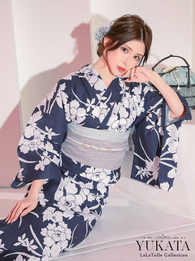 2024 浴衣 LaLaTulle | SALE【浴衣】紺地 大きな白牡丹 妖艶ゆかた2点 
