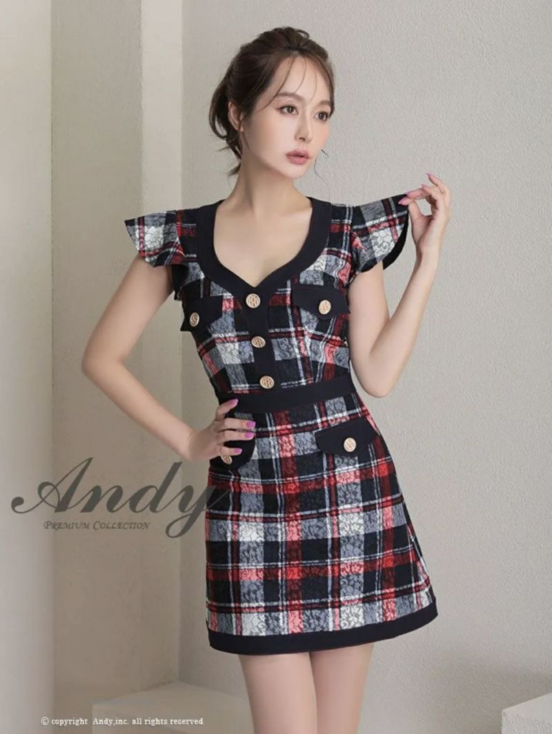 Andy/アンディ】 チェック柄 半袖 フリル ガーリー タイトミニドレス