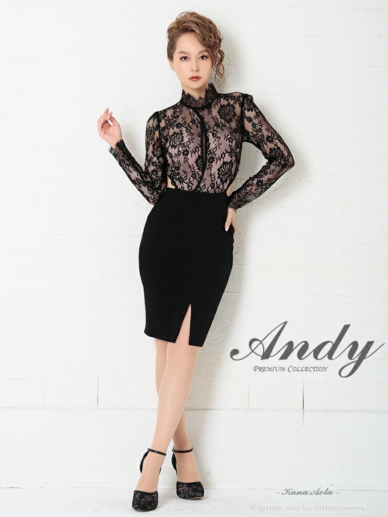 Andy/アンディ】ハイネック レース カットアウト スリット 長袖 くびれ