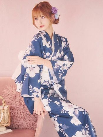 ブルーグレイニュアンスフラワー浴衣 【浴衣本体と帯のみ】 ブルー
