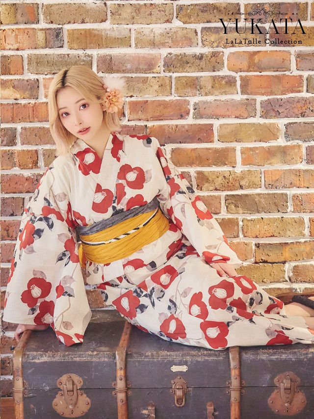 ◇最高級【綿絽浴衣】紅椿と生成り白地古典涼しゆかたツバキ赤