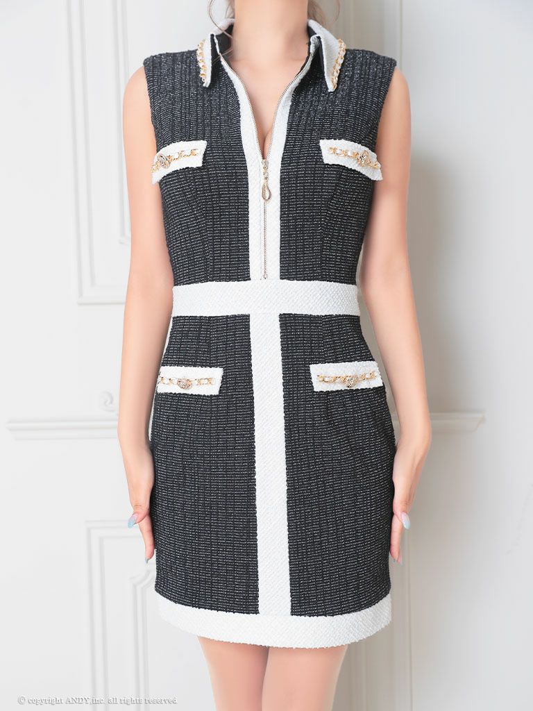 キャバドレス an アン ノースリーブ ジップデザイン 襟付き チェーン ツイード タイトミニドレス