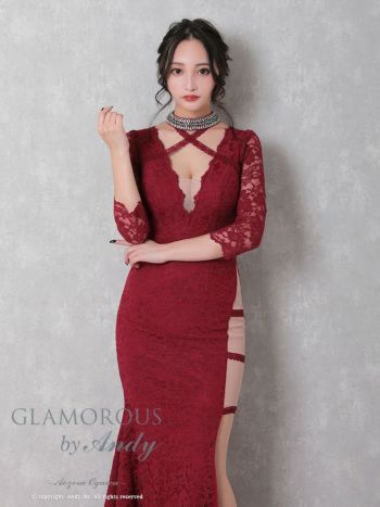 キャバドレス ロング ドレス GLAMOROUS グラマラス スリット Vネック レース シアー 七分袖 袖あり タイトロングドレス