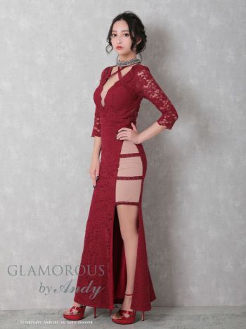 キャバドレス ロング ドレス GLAMOROUS グラマラス スリット Vネック レース シアー 七分袖 袖あり タイトロングドレス